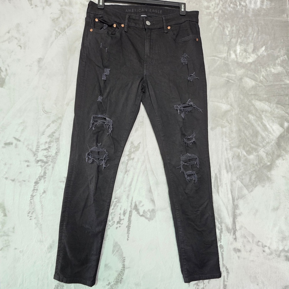American Eagle Athletic Skinny Distressed Black Jeans Mens 33x32